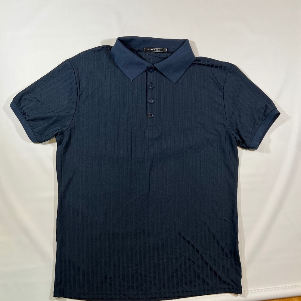 SIIMHWRSS Polo Shirt Mens Large Navy Blue Textured Stripe Short Sleeve Casual
